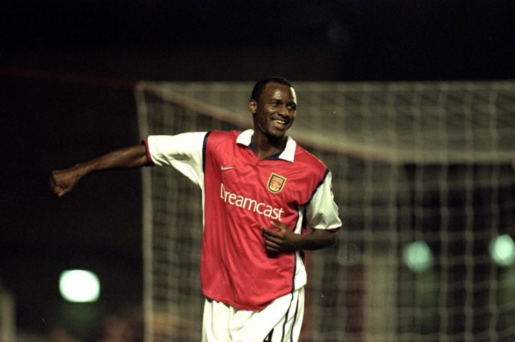 8 Nov 1999: Patrick Vieira of Arsenal celebrates his goal during the Lee Dixon Testimonial game between Arsenal and Real Madrid at Highbury, Londo...