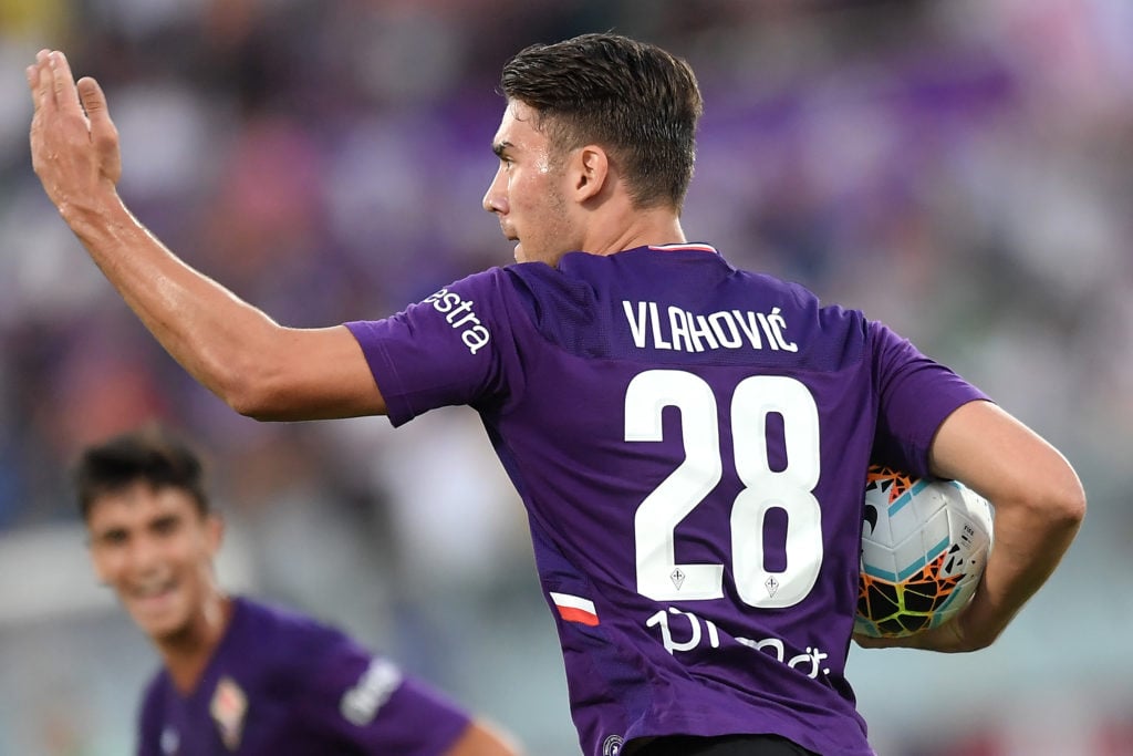 Dusan Vlahovic of Fiorentina celebrates after scoring the