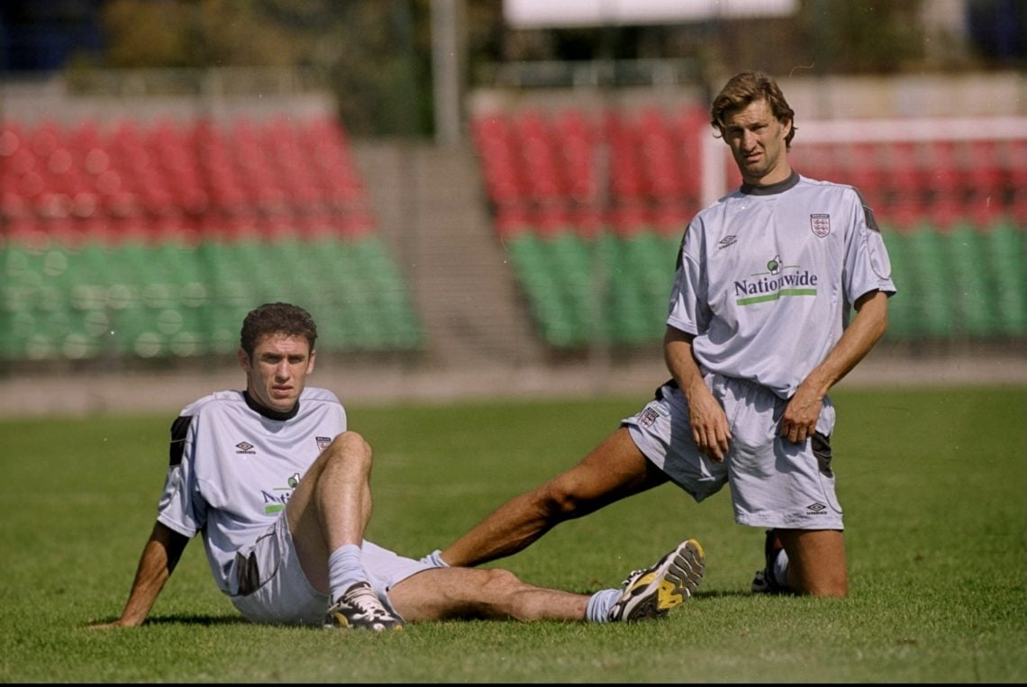 7 Sep 1999:  Martin Keown and Tony Adams take a break during England's training session at the Legia Stadium, Warsaw prior to the Euro 2000 qualifi...