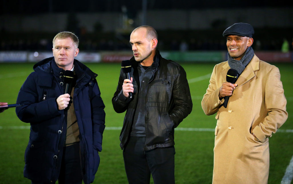 BBC pundits (L-R) Paul Scholes, part owner of Salford City and former players Danny Murphy and Trevor Sinclair talk prior to the Emirates FA Cup Second Round match between Salford City and Hartlepool United at Moor Lane on December 4, 2015