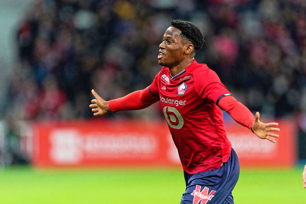 Jonathan David celebrating after scoring for Lille in the Ligue 1