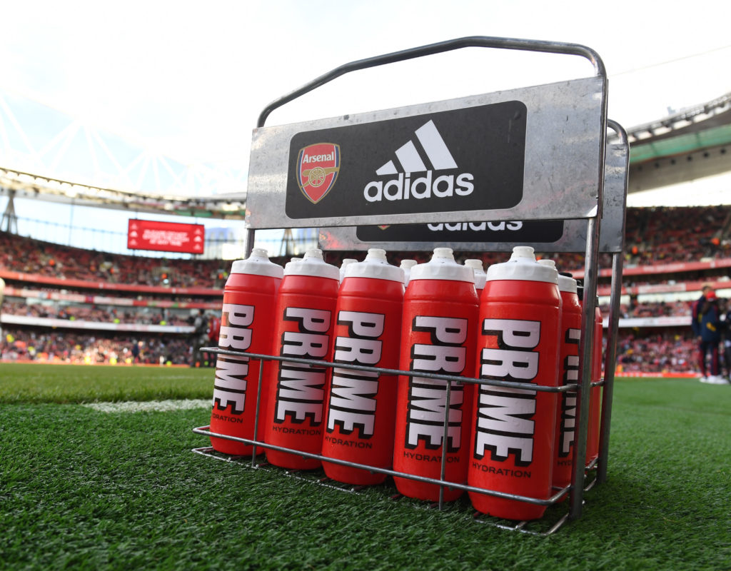 Prime energy drinks pitchside during Arsenal FC v Liverpool FC in the Premier League clash.