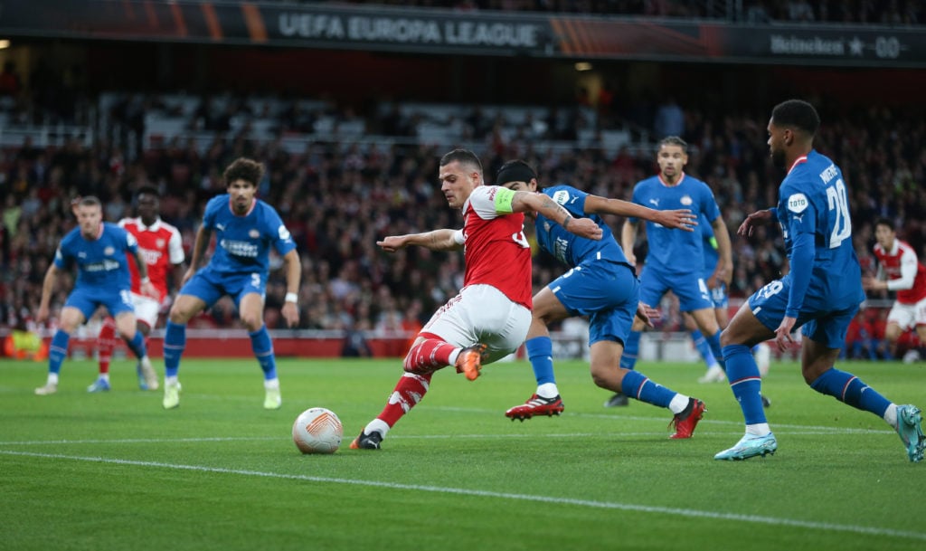 Arsenal midfielder Granit Xhaka in Group A - UEFA Europa League action vs PSV Eindhoven