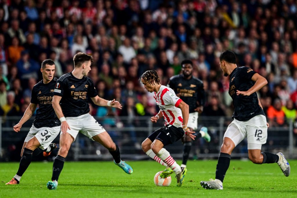 PSV Eindhoven forward Xavi Simons in Europa League action against Arsenal