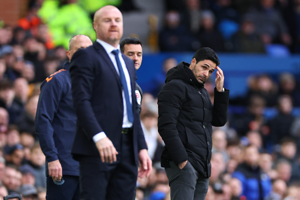 Everton and Arsenal managers Sean Dyche and Mikel Arteta react during Premier League match at Goodison Park