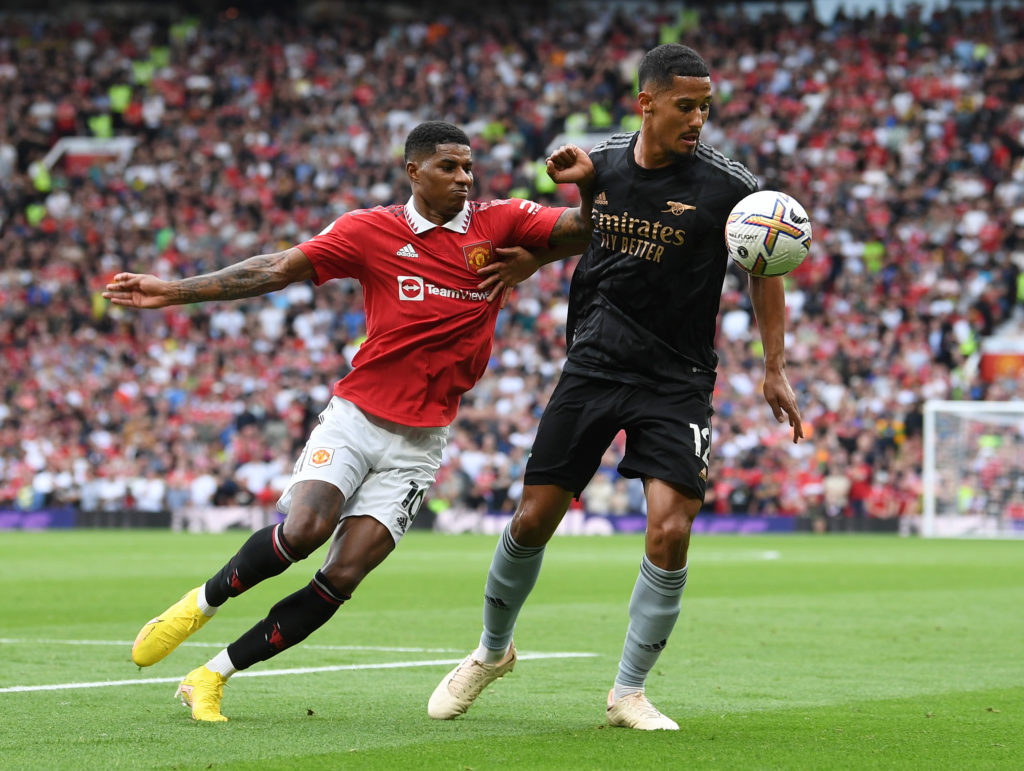 Arsenal defender William Saliba in action against Manchester United forward Marcus Rashford