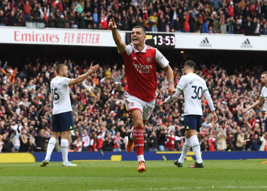 Arsenal midfielder Granit Xhaka celebrates scoring vs Tottenham Hotspur in Premier League