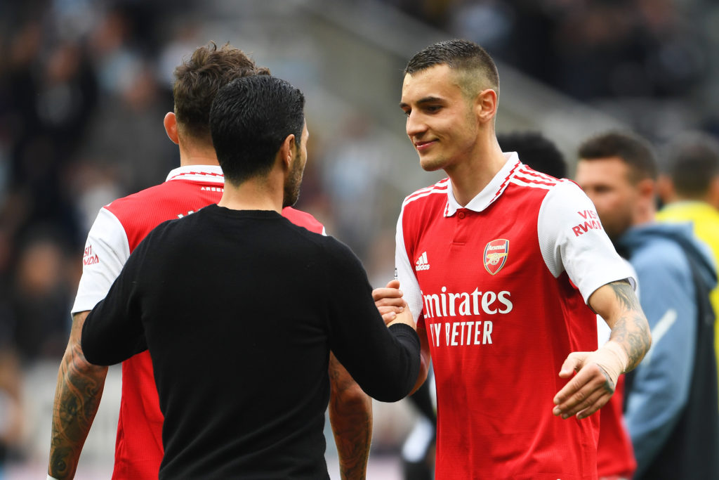 Arsenal defender Jakub Kiwior and manager Mikel Arteta at Newcastle United in Premier League