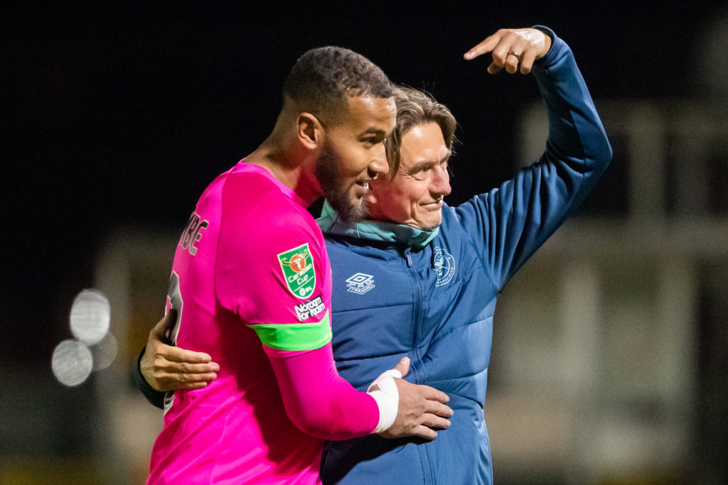 Brentford manager Thomas Frank celebrates Carabao Cup second round win over Newport County with Ellery Balcombe