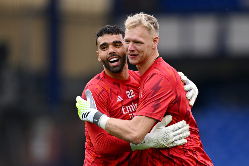 Arsenal goalkeepers Aaron Ramsdale and David Raya embrace before Everton match