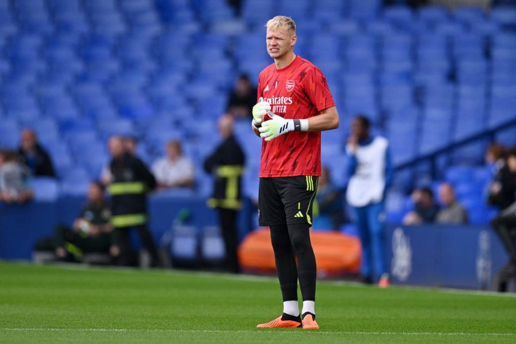 Arsenal goalkeeper Aaron Ramsdale reacts in warmup at Everton after Mikel Arteta axe for David Raya debut