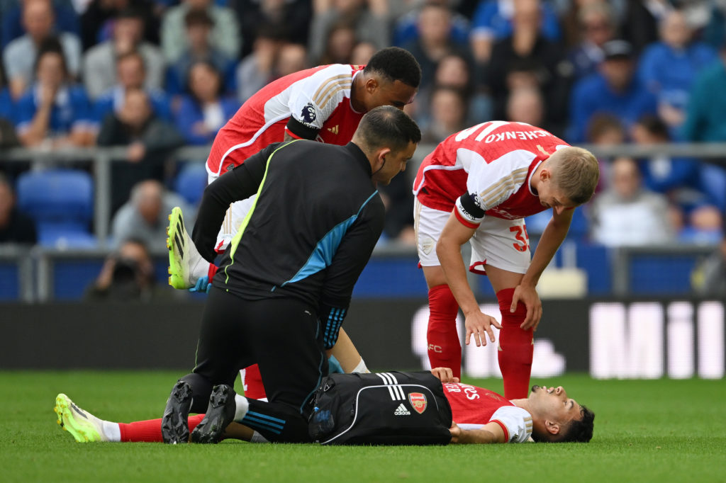 Arsenal winger Gabriel Martinelli receives treatment for hamstring injury vs Everton