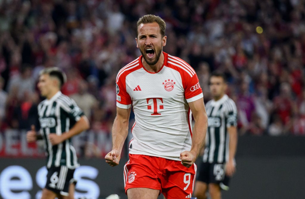 Tottenham Hotspur legend Harry Kane celebrates scoring for Bayern Munich vs Bayern Munich in Champions League