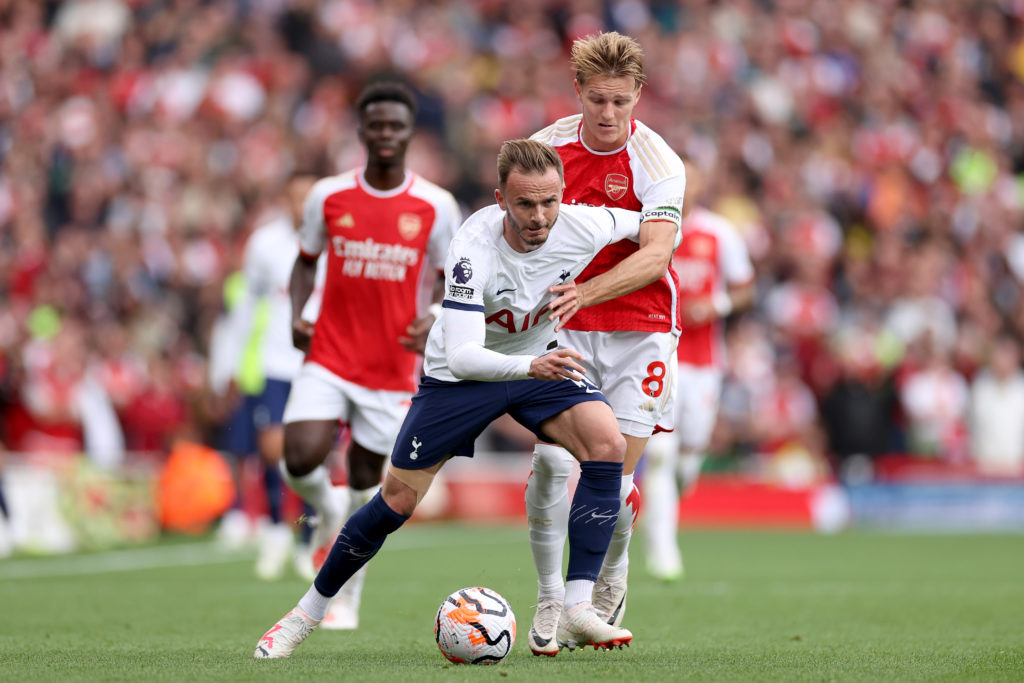 Arsenal captain Martin Odegaard in north London derby vs James Maddison of Tottenham Hotspur in Premier League