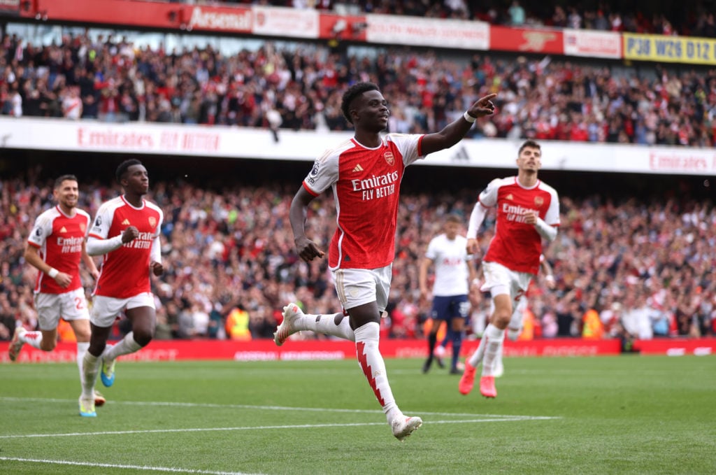 Arsenal winger Bukayo Saka celebrates scoring vs Tottenham Hotspur in Premier League before suffering injury