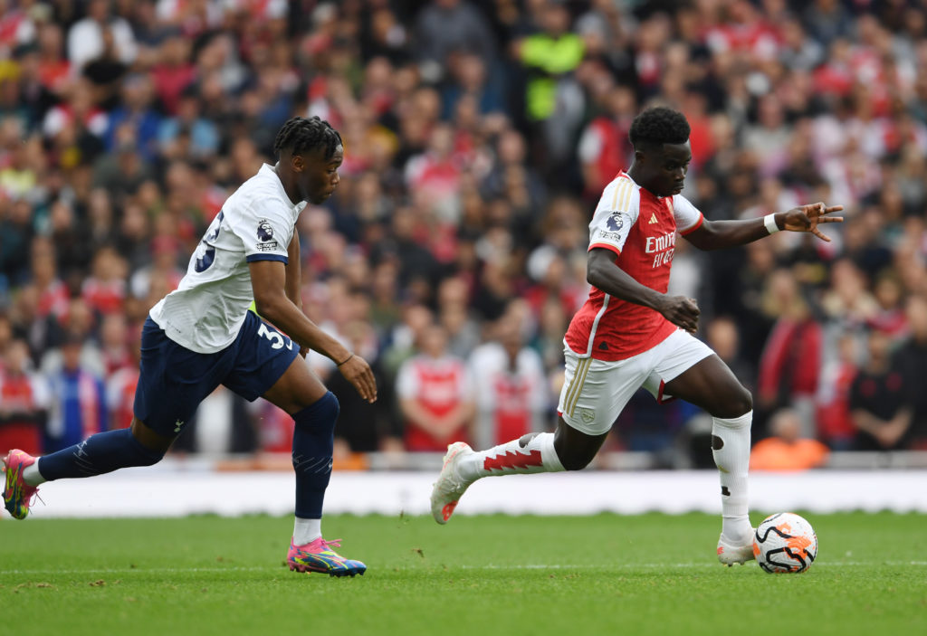 Arsenal winger Bukayo Saka in action vs Tottenham Hotspur in Premier League