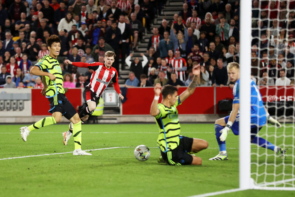 Arsenal defender Jakub Kiwior makes goal-line clearance to deny Brentford forward Keane Lewis-Potter in Carabao Cup third round
