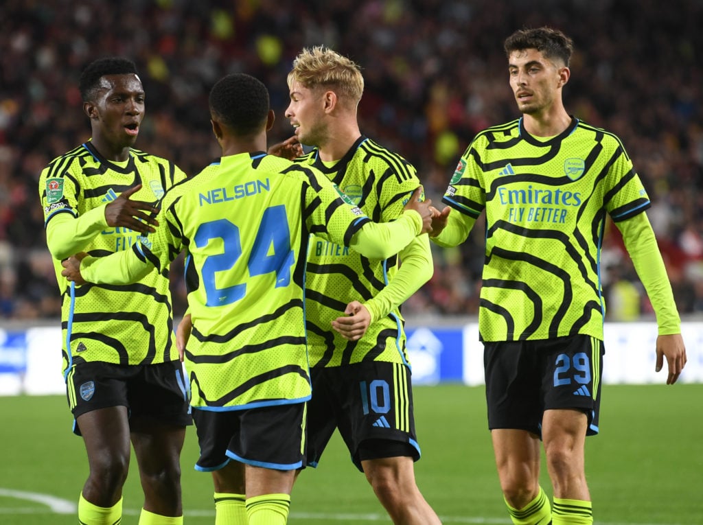 Arsenal midfielder Kai Havertz celebrates Reiss Nelson scoring in Carabao Cup third round at Brentford
