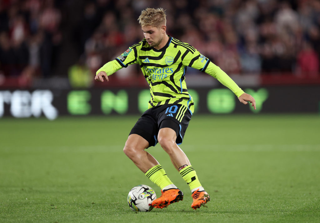Aston Villa, Brighton and Newcastle transfer target Emile Smith Rowe in action for Arsenal vs Brentford in Carabao Cup Third Round