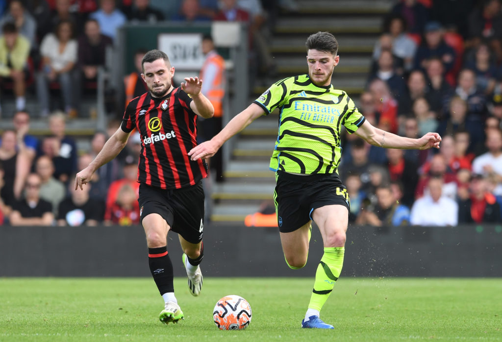 Arsenal midfielder Declan Rice in Premier League action vs AFC Bournemouth