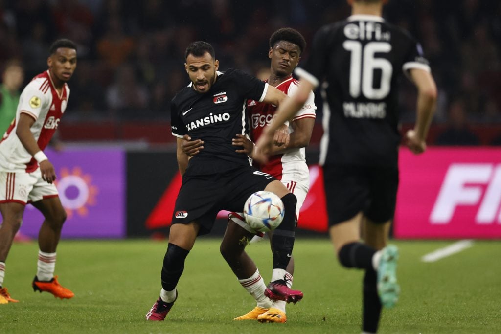 AFC Ajax defender Jorrel Hato in action v AZ Alkmaar with Jurrien Timber amid Arsenal transfer claim