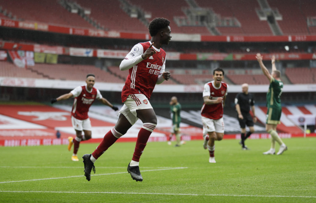 Arsenal winger Bukayo Saka celebrates scoring v Sheffield United in Premier League