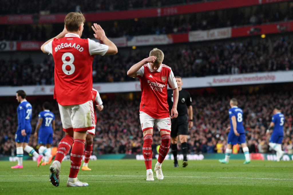Arsenal defender Oleksandr Zinchenko celebrates Martin Odegaard scoring v Chelsea in Premier League amid warning to Ukraine teammate Mykhailo Mudryk