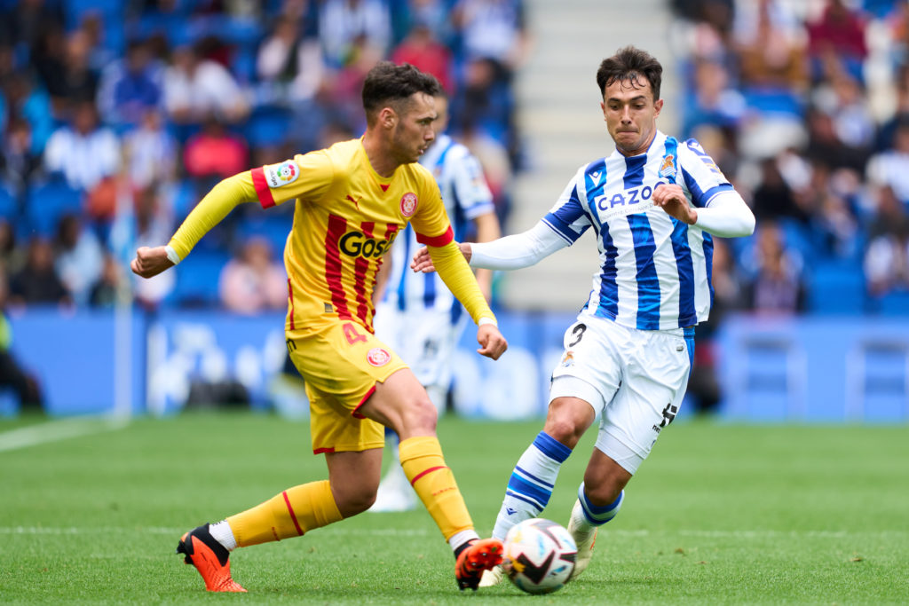Girona defender Arnau Martinez in La Liga action v Real Sociedad amid transfer interest from Arsenal and Manchester City