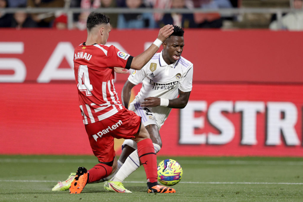 Girona defender Arnau Martinez in La Liga action v Real Madrid amid transfer interest from Arsenal and Manchester City