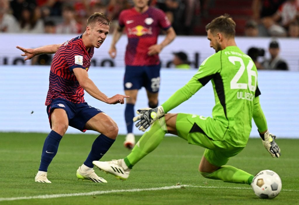 Arsenal transfer target Dani Olmo of RB Leipzig scores vs FC Bayern Munich in DFL Supercup 2023