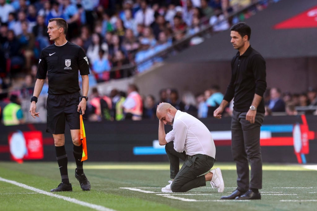 Manchester City and Arsenal managers Pep Guardiola and Mikel Arteta react in The FA Community Shield amid Bukayo Saka and Gabriel Martinelli injury fears