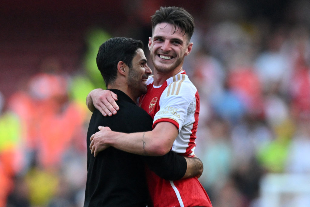 Arsenal manager Mikel Arteta celebrates with Declan Rice after goal vs Manchester United in Premier League