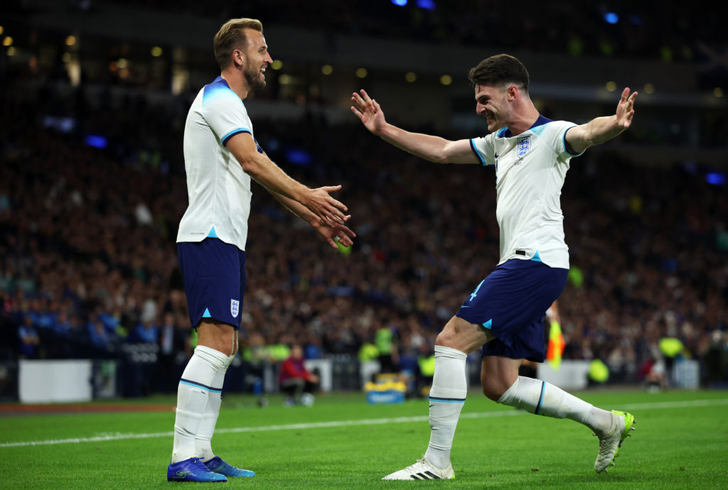 Arsenal midfielder Declan Rice celebrates with Bayern Munich striker Harry Kane for England vs Scotland
