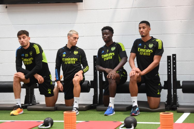 L-R Kai Havertz, Leandro Trossard, Bukayo Saka and William Saliba of Arsenal during a training session at London Colney on September 22, 2023 in St Albans, England. (Photo by Stuart MacFarlane/Arsenal FC via Getty Images