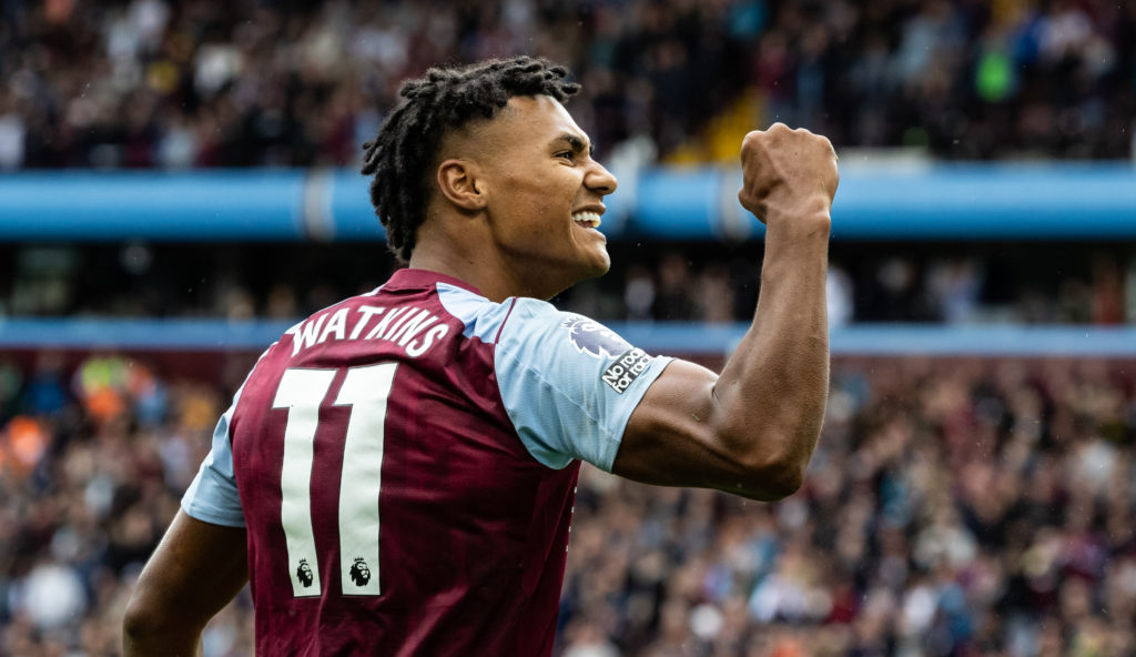 Aston Villa striker Ollie Watkins celebrates scoring v Brighton & Hove Albion in Premier League amid transfer interest from Arsenal
