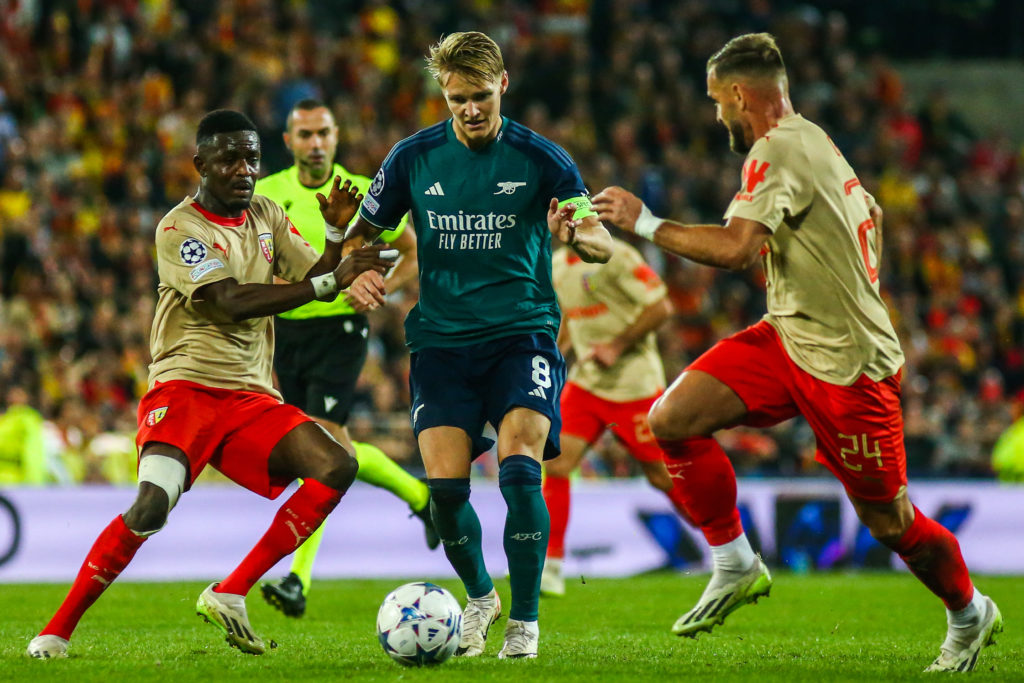Arsenal midfielder Martin Odegaard in action v RC Lens in UEFA Champions League ahead of Manchester City clash