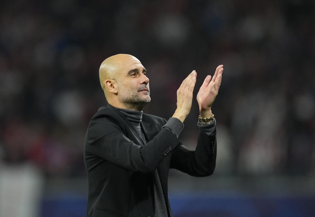 Manchester City manager Pep Guardiola reacts after Group G - UEFA Champions League 2023/24 tie vs RB Leipzig amid Kai Havertz of Arsenal verdict