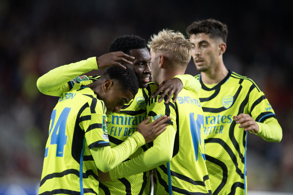 Arsenal striker Eddie Nketiah celebrates with teammates vs Brentford in Carabao Cup before England debut vs Australia