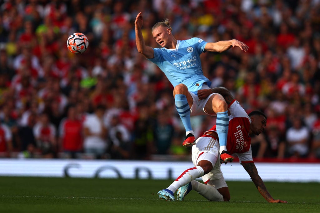 Arsenal defender Gabriel Magalhaes in action vs Manchester City striker Erling Haaland