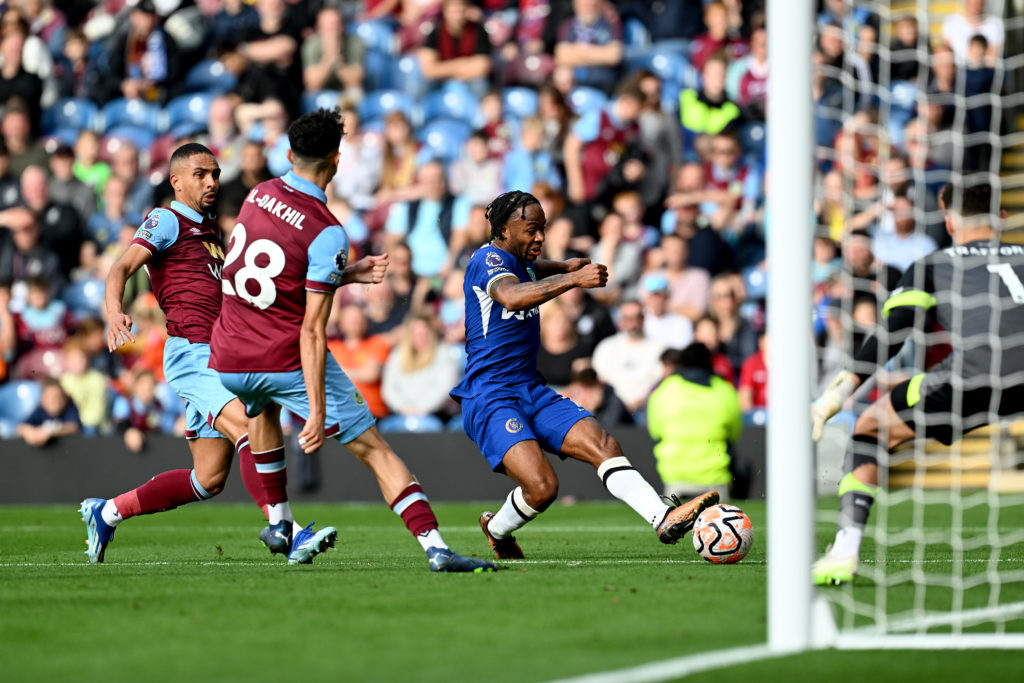 Chelsea winger Raheem Sterling in action vs Burnley in Premier League amid Paul Merson warning to Arsenal and Oleksandr Zinchenko