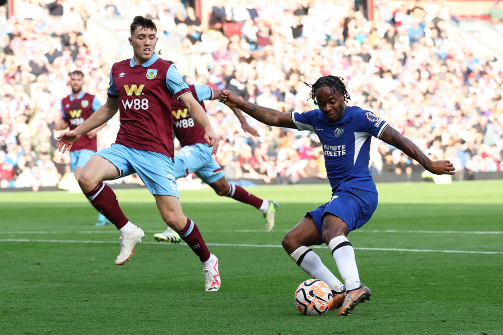 Chelsea winger Raheem Sterling in action at Burnley ahead of Arsenal match in Premier League