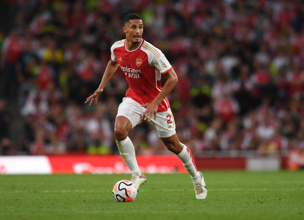 Arsenal defender William Saliba in action vs Manchester City in Premier League