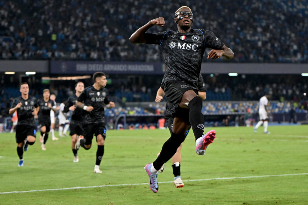 SSC Napoli striker Victor Osimhen celebrates scoring v ACF Fiorentina in Serie A amid transfer interest from Arsenal