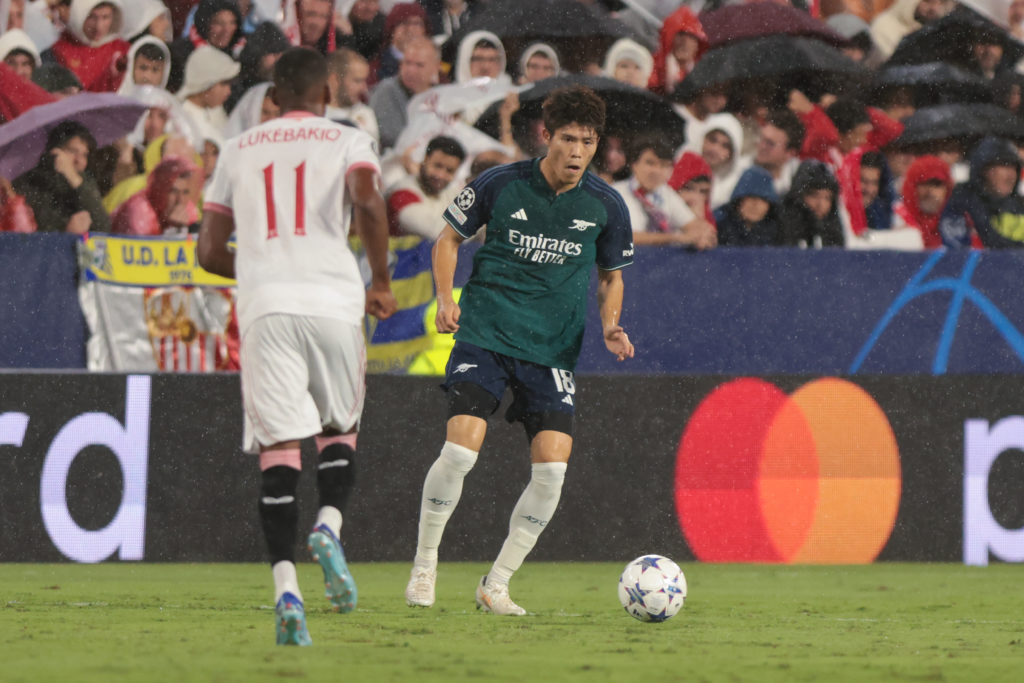 Arsenal defender Takehiro Tomiyasu in Group B - UEFA Champions League 2023/24 action v Sevilla amid praise from Ian Wright