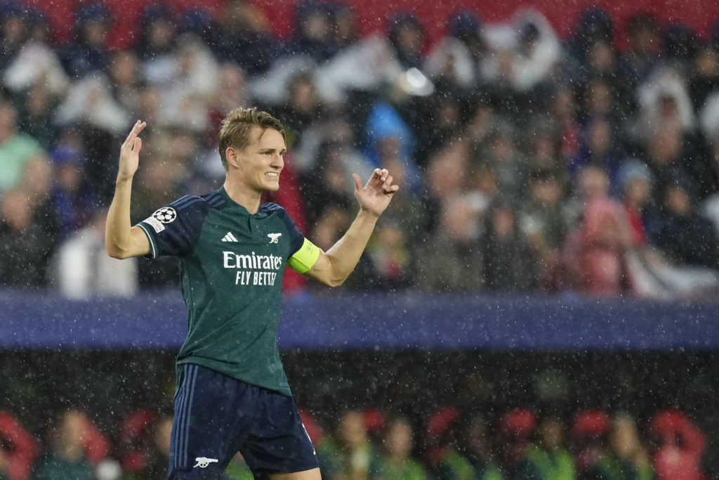 Arsenal captain Martin Odegaard reacts vs Sevilla in UEFA Champions League 2023/24 amid Gunners news round-up