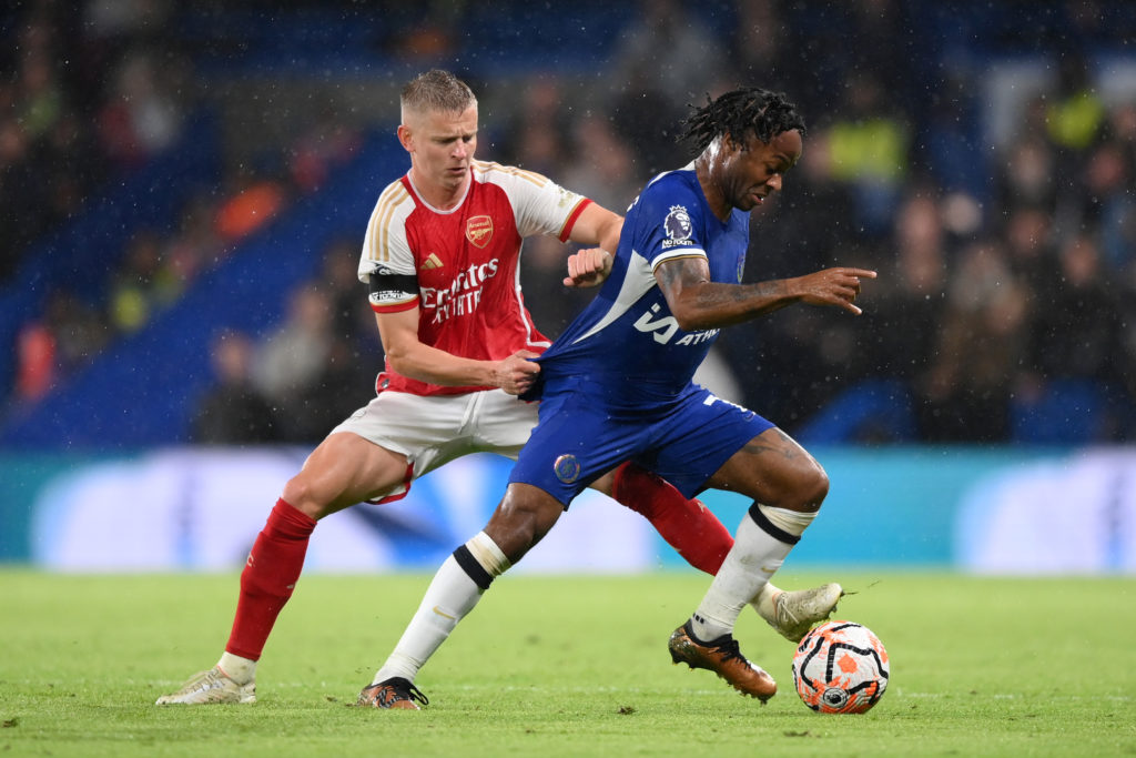 Arsenal defender Oleksandr Zinchenko in action against Chelsea winger Raheem Sterling in Premier League