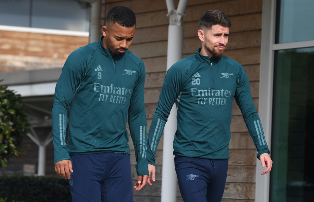 Arsenal forward Gabriel Jesus and midfielder Jorginho in training at London Colney amid transfer interest