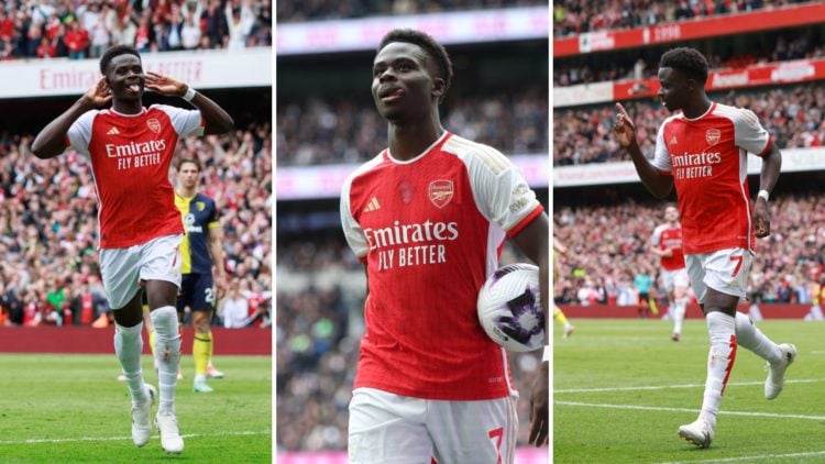 Three images of Arsenal's Bukayo Saka. Left, Saka celebrates a goal. Centre, Saka looks on during the Premier League match. Right, Saka celebrates ...