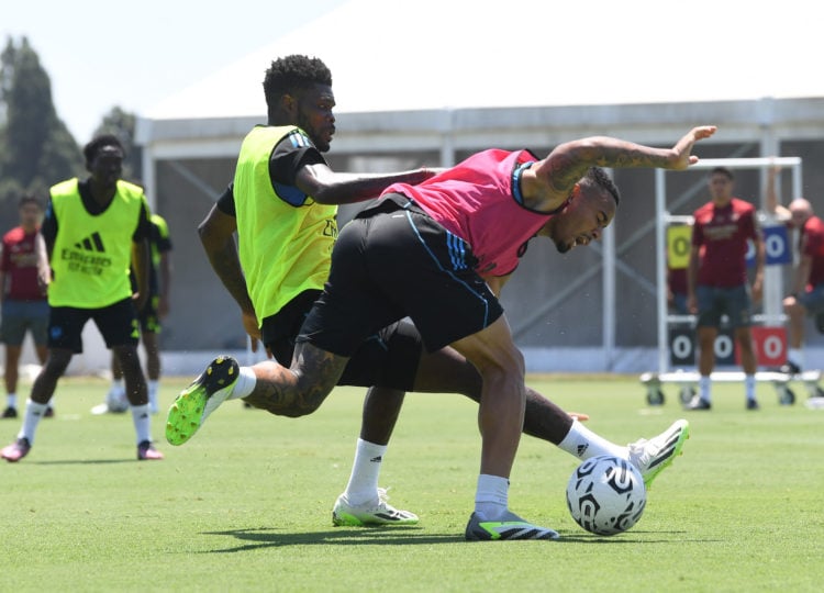 L-R0 Thomas Partey and Gabruel Jesus of Arsenal during a training session at the LA Rams Training Facility on July 25, 2023 in Thousands Oaks, California. (Photo by Stuart MacFarlane/Arsenal FC via Getty Images