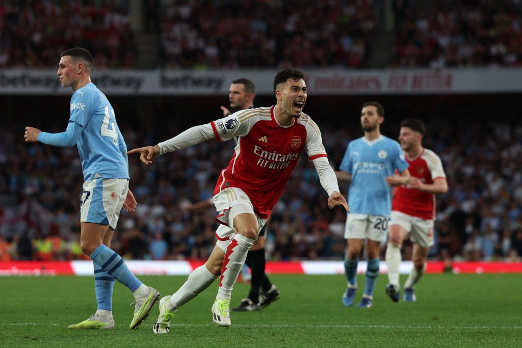 Arsenal winger Gabriel Martinelli celebrates scoring against Manchester city in Premier League